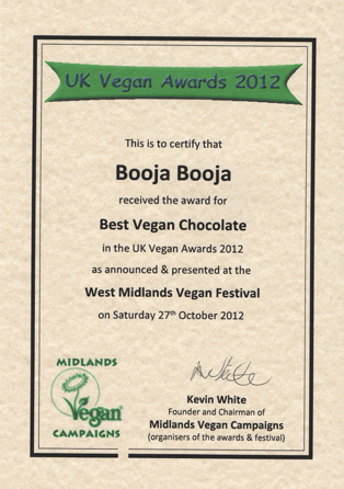 UK Vegan Awards 2012 winner's certificates